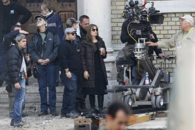 Angelina Jolie, movie set, long brown coat, brown winter jacket, black boots